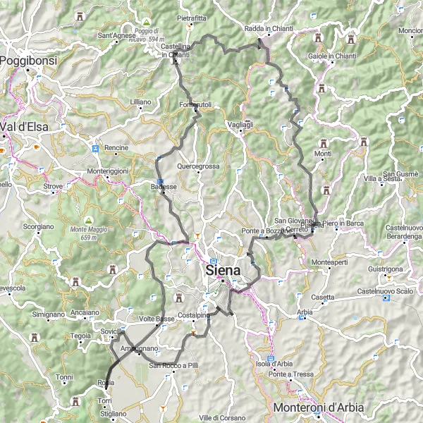 Miniatua del mapa de inspiración ciclista "Ruta de las Colinas y los Pueblos Medievales" en Toscana, Italy. Generado por Tarmacs.app planificador de rutas ciclistas
