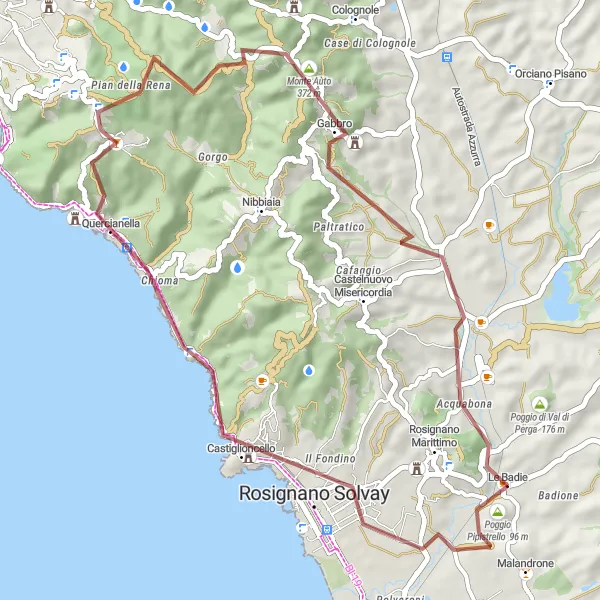 Kartminiatyr av "Grusvei sykkeltur rundt Rosignano Marittimo" sykkelinspirasjon i Toscana, Italy. Generert av Tarmacs.app sykkelrutoplanlegger