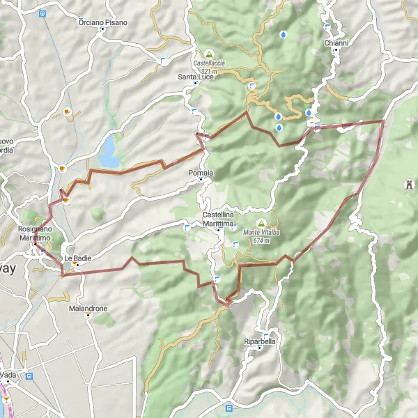 Kartminiatyr av "Kortere grusvei sykkeltur fra Rosignano Marittimo" sykkelinspirasjon i Toscana, Italy. Generert av Tarmacs.app sykkelrutoplanlegger