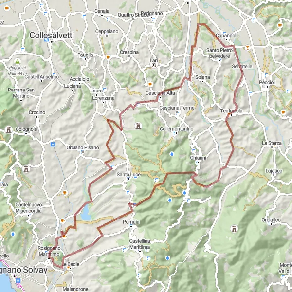 Kartminiatyr av "Lang sykkeltur fra Rosignano Marittimo" sykkelinspirasjon i Toscana, Italy. Generert av Tarmacs.app sykkelrutoplanlegger