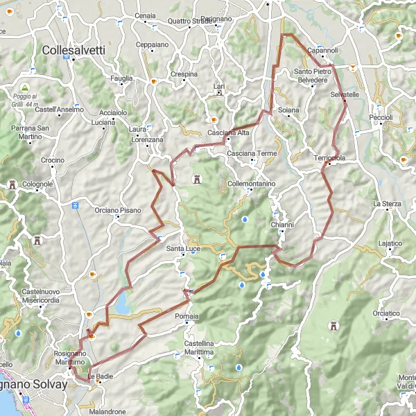 Miniatuurkaart van de fietsinspiratie "Avontuurlijke graveltocht door Toscane" in Toscana, Italy. Gemaakt door de Tarmacs.app fietsrouteplanner