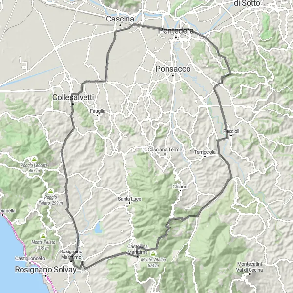 Map miniature of "Road Cycling Adventure - Rosignano to Peccioli" cycling inspiration in Toscana, Italy. Generated by Tarmacs.app cycling route planner