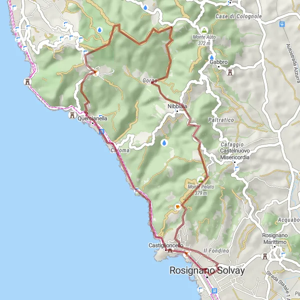 Mapa miniatúra "Gravelova cyklotrasa cez Castiglioncello" cyklistická inšpirácia v Toscana, Italy. Vygenerované cyklistickým plánovačom trás Tarmacs.app