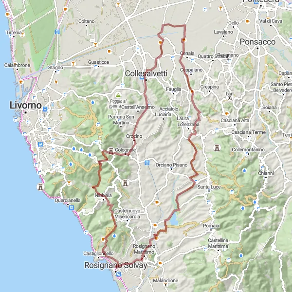 Miniatua del mapa de inspiración ciclista "Desafío Gravel por Rosignano Solvay" en Toscana, Italy. Generado por Tarmacs.app planificador de rutas ciclistas