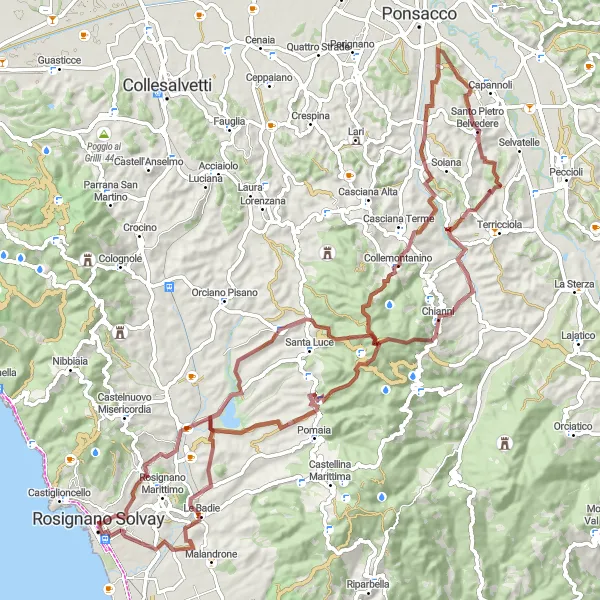 Miniatura della mappa di ispirazione al ciclismo "Sentiero di ciclismo in bicicletta attorno a Rosignano Solvay" nella regione di Toscana, Italy. Generata da Tarmacs.app, pianificatore di rotte ciclistiche