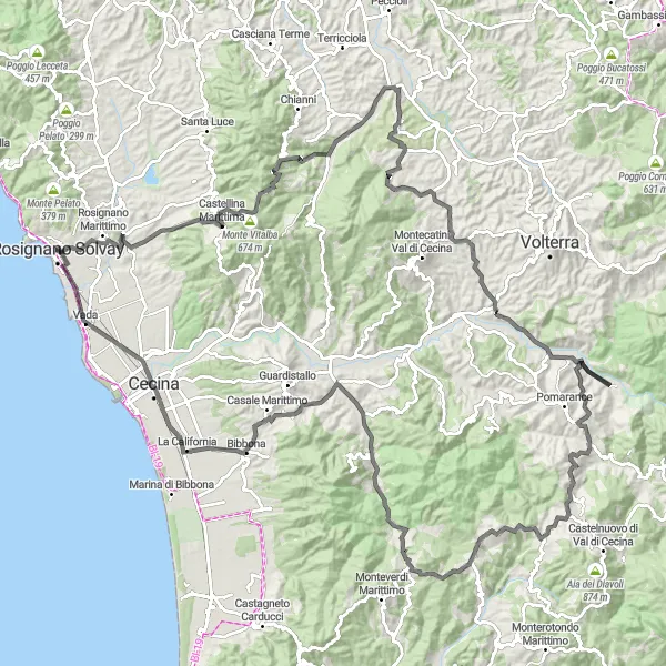 Miniatuurkaart van de fietsinspiratie "Epische tocht van Rosignano Solvay naar Vada" in Toscana, Italy. Gemaakt door de Tarmacs.app fietsrouteplanner