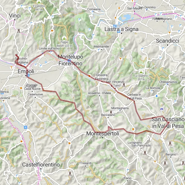 Kartminiatyr av "Montespertoli Countryside Escape" cykelinspiration i Toscana, Italy. Genererad av Tarmacs.app cykelruttplanerare