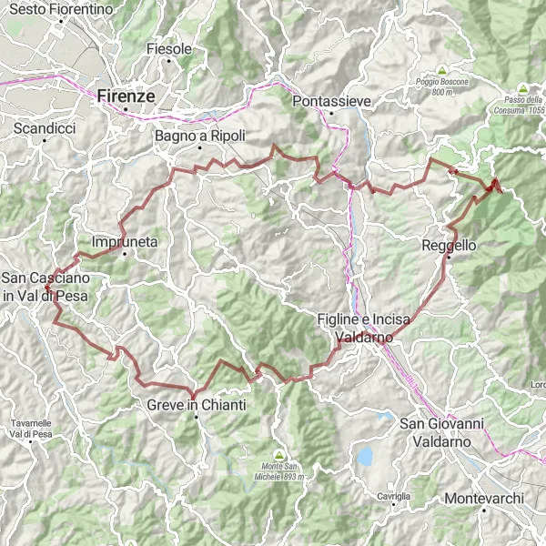 Miniaturekort af cykelinspirationen "Grusvej cykelrute gennem Chianti" i Toscana, Italy. Genereret af Tarmacs.app cykelruteplanlægger