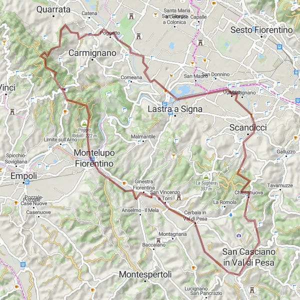 Karttaminiaatyyri "Toscana maaseudun helmien kierros" pyöräilyinspiraatiosta alueella Toscana, Italy. Luotu Tarmacs.app pyöräilyreittisuunnittelijalla