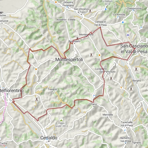 Mapa miniatúra "Gravel Route - Lucignano to San Casciano in Val di Pesa" cyklistická inšpirácia v Toscana, Italy. Vygenerované cyklistickým plánovačom trás Tarmacs.app