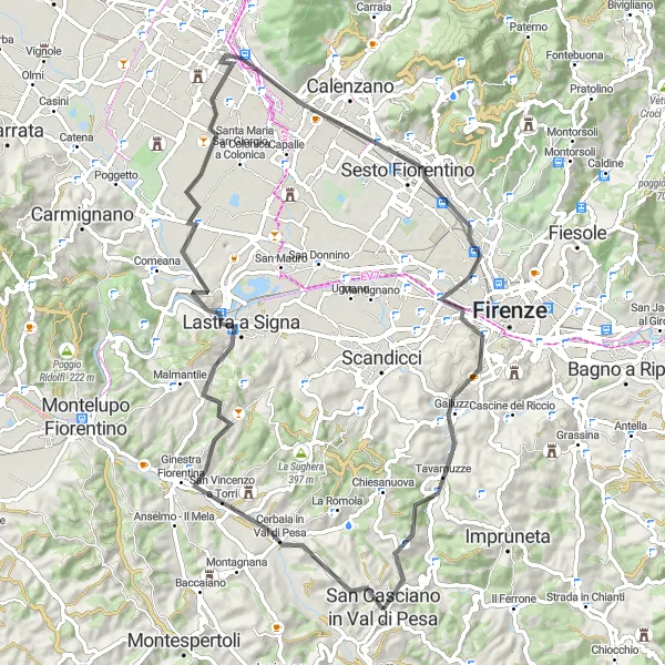 Mapa miniatúra "Okruh Cerbaia - Lastra a Signa - Sesto Fiorentino" cyklistická inšpirácia v Toscana, Italy. Vygenerované cyklistickým plánovačom trás Tarmacs.app