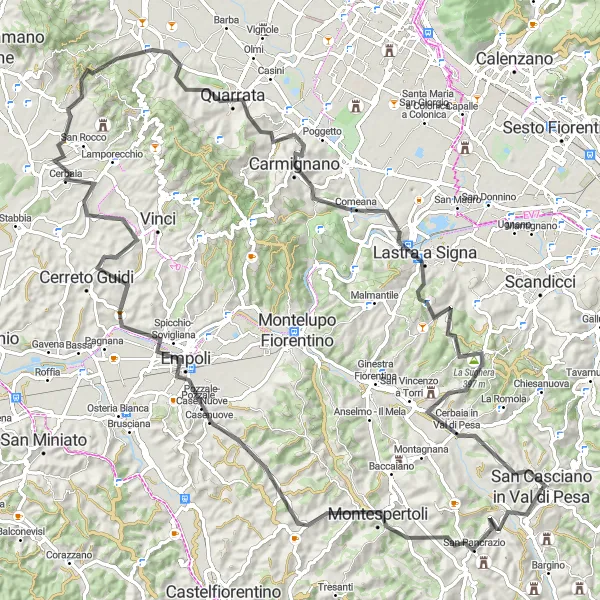 Kartminiatyr av "Utfordrende sykkeltur til Empoli" sykkelinspirasjon i Toscana, Italy. Generert av Tarmacs.app sykkelrutoplanlegger