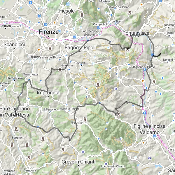 Miniaturekort af cykelinspirationen "Scenic tur til Pontassieve" i Toscana, Italy. Genereret af Tarmacs.app cykelruteplanlægger