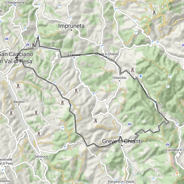 Karttaminiaatyyri "Toscanan maaseudun tiet" pyöräilyinspiraatiosta alueella Toscana, Italy. Luotu Tarmacs.app pyöräilyreittisuunnittelijalla