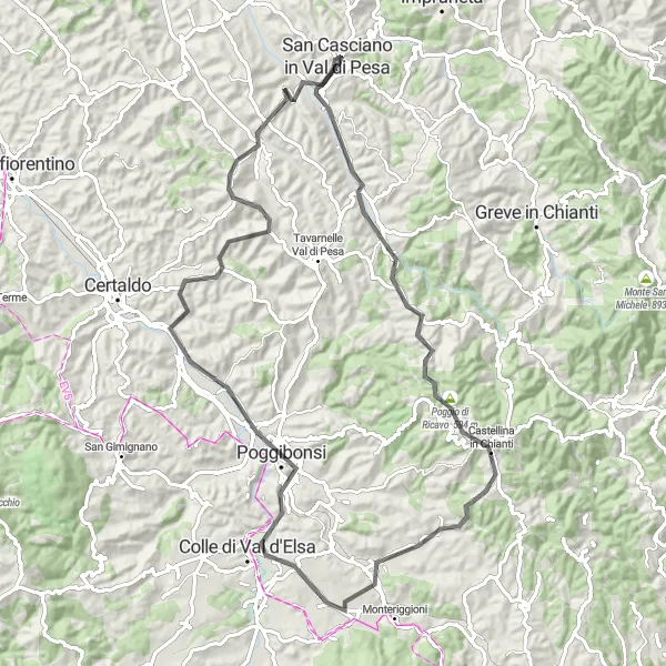 Miniatuurkaart van de fietsinspiratie "Colle di Val d'Elsa en Castellina in Chianti route" in Toscana, Italy. Gemaakt door de Tarmacs.app fietsrouteplanner