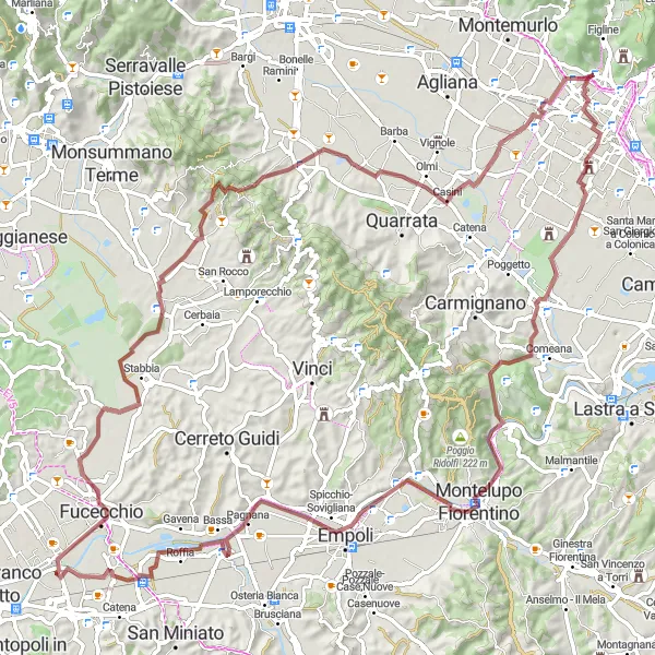 Kartminiatyr av "Grusveien til Monte Rocchina" sykkelinspirasjon i Toscana, Italy. Generert av Tarmacs.app sykkelrutoplanlegger