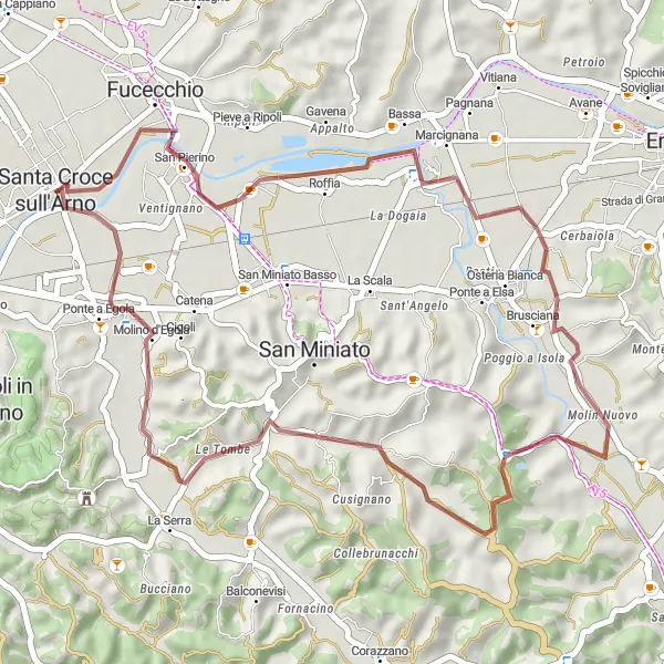 Miniaturní mapa "Gravel trasa kolem Santa Croce sull'Arno" inspirace pro cyklisty v oblasti Toscana, Italy. Vytvořeno pomocí plánovače tras Tarmacs.app