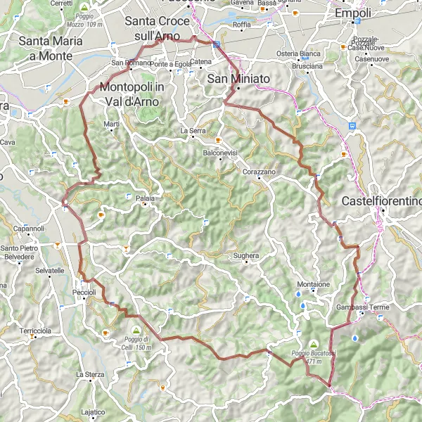 Miniatura della mappa di ispirazione al ciclismo "Avventura in mountain bike da San Miniato a San Donato" nella regione di Toscana, Italy. Generata da Tarmacs.app, pianificatore di rotte ciclistiche