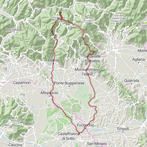 Map miniature of "Gravel Route 295872" cycling inspiration in Toscana, Italy. Generated by Tarmacs.app cycling route planner