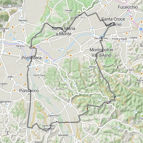 Miniatura mapy "Trasa rowerowa przez Rocca di Palaia i Santa Maria a Monte" - trasy rowerowej w Toscana, Italy. Wygenerowane przez planer tras rowerowych Tarmacs.app