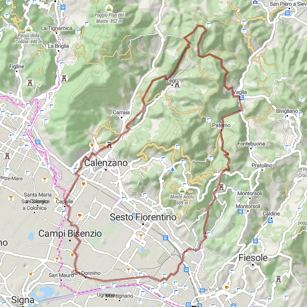 Karttaminiaatyyri "Poggio Uccellaia - Legri - Ricovero - Vaglia - Poggio Conca - San Donnino" pyöräilyinspiraatiosta alueella Toscana, Italy. Luotu Tarmacs.app pyöräilyreittisuunnittelijalla