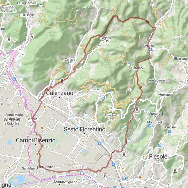Map miniature of "Explore Vaglia on Gravel" cycling inspiration in Toscana, Italy. Generated by Tarmacs.app cycling route planner