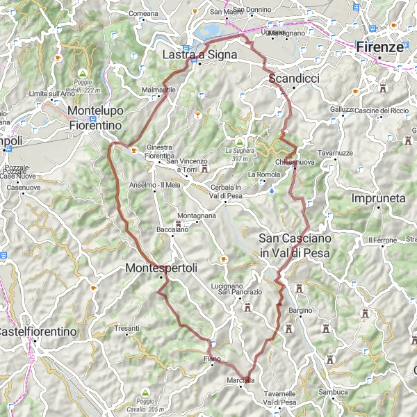 Mapa miniatúra "Gravel trasa San Donnino - Toscana (69 km)" cyklistická inšpirácia v Toscana, Italy. Vygenerované cyklistickým plánovačom trás Tarmacs.app