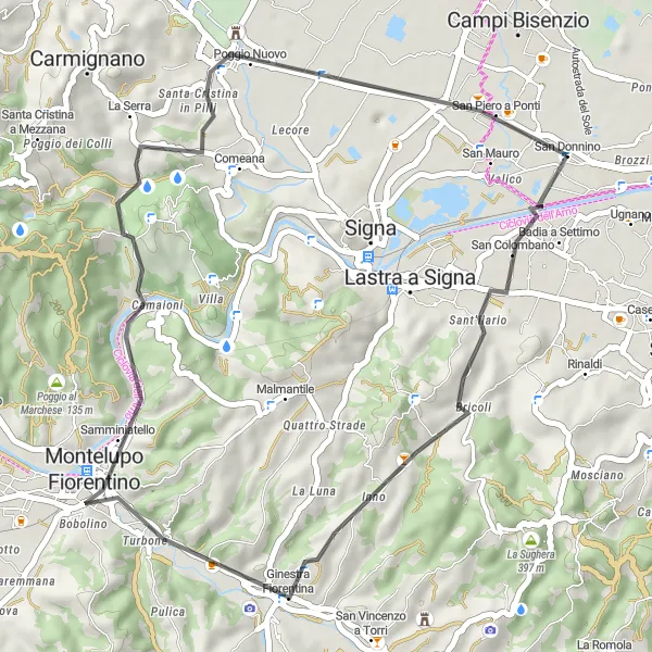 Zemljevid v pomanjšavi "Krožna kolesarska pot Poggio Mulettino" kolesarske inspiracije v Toscana, Italy. Generirano z načrtovalcem kolesarskih poti Tarmacs.app