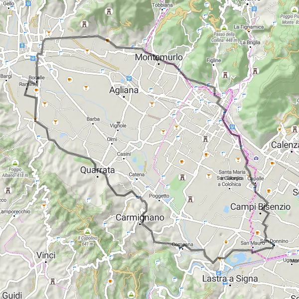 Zemljevid v pomanjšavi "Romantična kolesarska tura do Montemurlo" kolesarske inspiracije v Toscana, Italy. Generirano z načrtovalcem kolesarskih poti Tarmacs.app