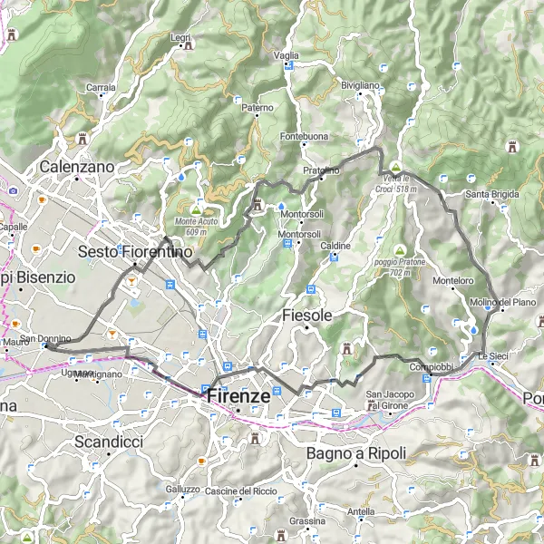 Miniatua del mapa de inspiración ciclista "Recorrido Escénico por Carretera hacia San Donnino" en Toscana, Italy. Generado por Tarmacs.app planificador de rutas ciclistas