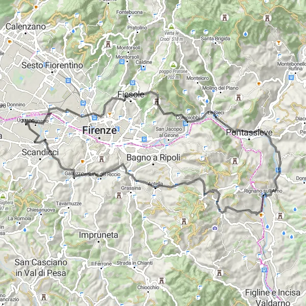 Miniatua del mapa de inspiración ciclista "Ruta de Villa Medici a Castello dell'Acciaiolo" en Toscana, Italy. Generado por Tarmacs.app planificador de rutas ciclistas