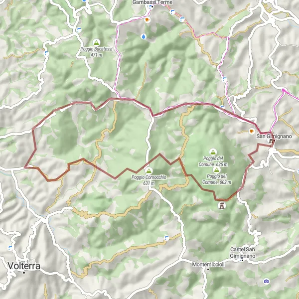 Zemljevid v pomanjšavi "Gorsko kolesarjenje okoli San Gimignana" kolesarske inspiracije v Toscana, Italy. Generirano z načrtovalcem kolesarskih poti Tarmacs.app