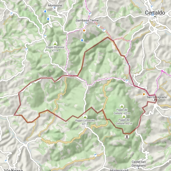 Miniaturní mapa "Gravelová cyklotrasa kolem San Gimignano" inspirace pro cyklisty v oblasti Toscana, Italy. Vytvořeno pomocí plánovače tras Tarmacs.app