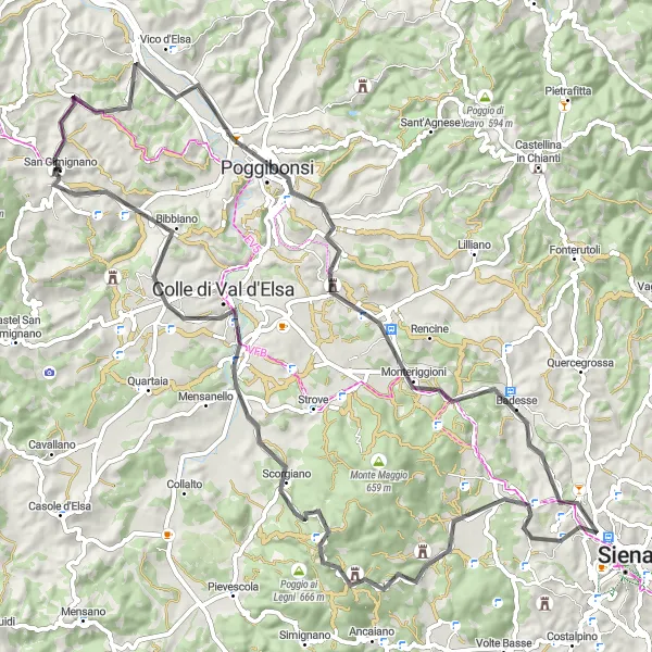 Miniaturní mapa "Silniční okružní cyklotrasa v okolí San Gimignano" inspirace pro cyklisty v oblasti Toscana, Italy. Vytvořeno pomocí plánovače tras Tarmacs.app