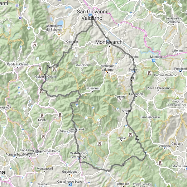 Miniatuurkaart van de fietsinspiratie "Valdarno Circuit" in Toscana, Italy. Gemaakt door de Tarmacs.app fietsrouteplanner