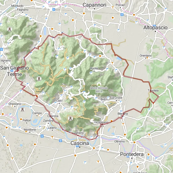 Zemljevid v pomanjšavi "Gorsko kolesarjenje: San Giuliano Terme" kolesarske inspiracije v Toscana, Italy. Generirano z načrtovalcem kolesarskih poti Tarmacs.app