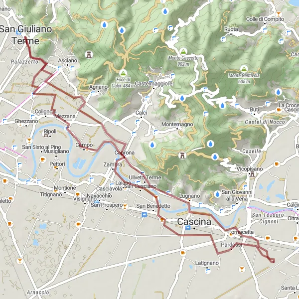 Mapa miniatúra "Scenic gravel tour around San Giuliano Terme" cyklistická inšpirácia v Toscana, Italy. Vygenerované cyklistickým plánovačom trás Tarmacs.app