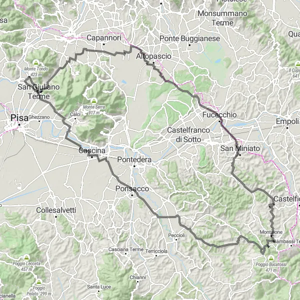 Map miniature of "Scenic Ride from San Giuliano Terme to Monte Castellare" cycling inspiration in Toscana, Italy. Generated by Tarmacs.app cycling route planner