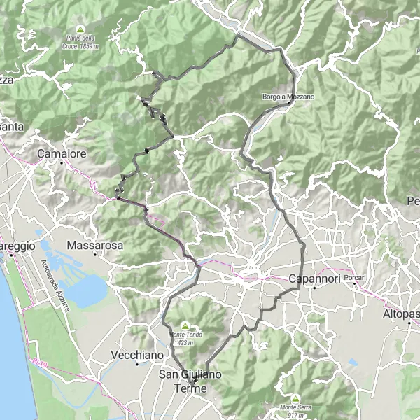 Kartminiatyr av "Rundtur til Passo del Lucese fra San Giuliano Terme" sykkelinspirasjon i Toscana, Italy. Generert av Tarmacs.app sykkelrutoplanlegger