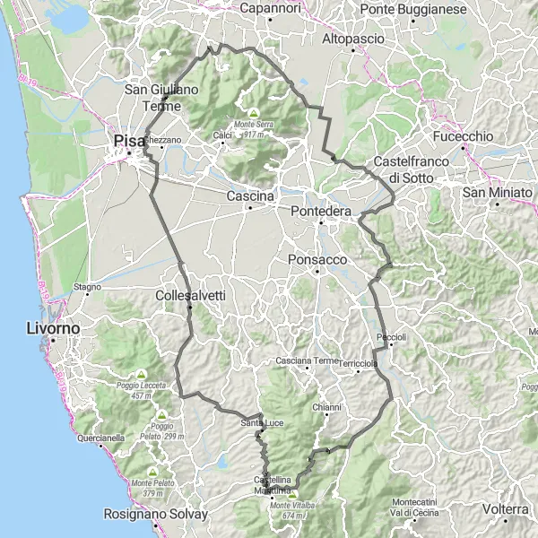 Map miniature of "San Giuliano Terme - Monte Castellare Circular Ride" cycling inspiration in Toscana, Italy. Generated by Tarmacs.app cycling route planner