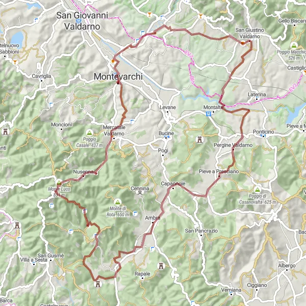 Map miniature of "Valdarno Gravel Challenge" cycling inspiration in Toscana, Italy. Generated by Tarmacs.app cycling route planner