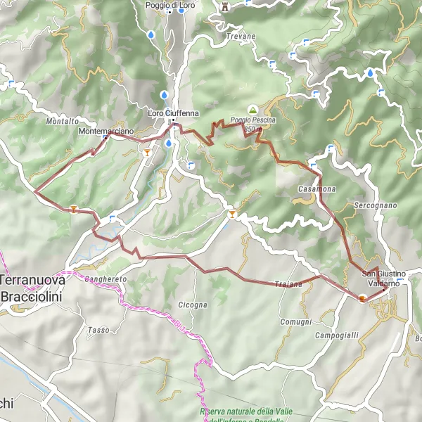 Mapa miniatúra "Gravelový okruh cez Montemarciano" cyklistická inšpirácia v Toscana, Italy. Vygenerované cyklistickým plánovačom trás Tarmacs.app