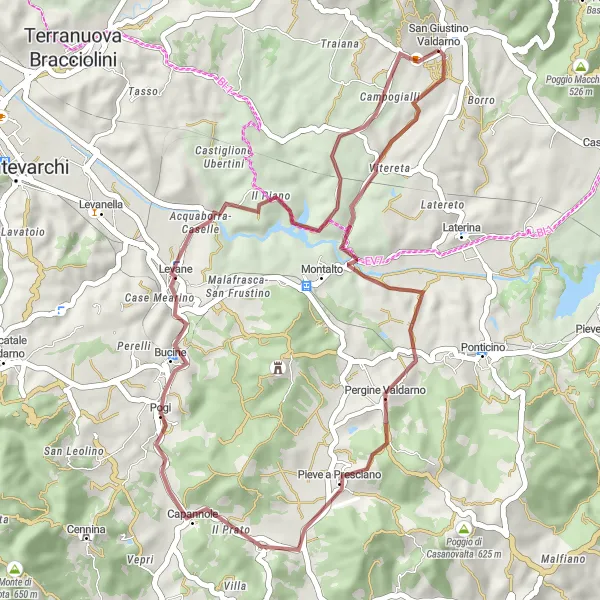 Map miniature of "Gravel Adventures in Valdarno" cycling inspiration in Toscana, Italy. Generated by Tarmacs.app cycling route planner