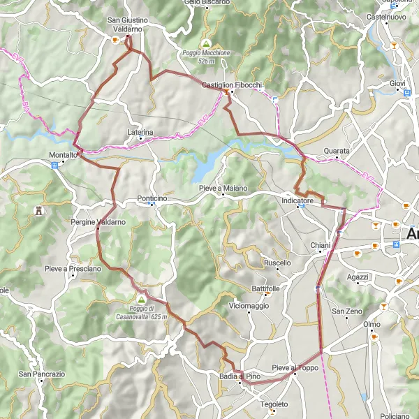 Miniaturní mapa "Gravelový okruh kolem San Giustino Valdarno" inspirace pro cyklisty v oblasti Toscana, Italy. Vytvořeno pomocí plánovače tras Tarmacs.app