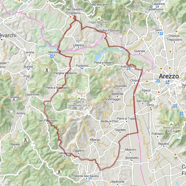 Miniatura della mappa di ispirazione al ciclismo "Avventura in mountain bike tra i boschi toscani" nella regione di Toscana, Italy. Generata da Tarmacs.app, pianificatore di rotte ciclistiche