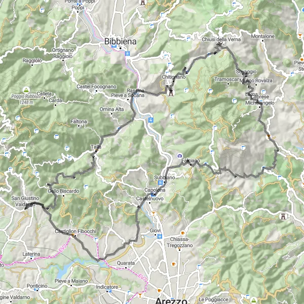 Mapa miniatúra "Cesta okolo San Giustino Valdarno" cyklistická inšpirácia v Toscana, Italy. Vygenerované cyklistickým plánovačom trás Tarmacs.app