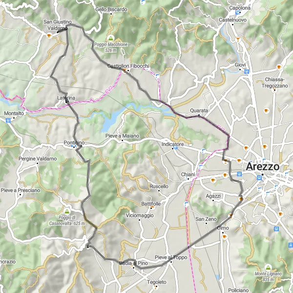 Mapa miniatúra "Cyklotrasa cez Ponte Buriano a Ponticino" cyklistická inšpirácia v Toscana, Italy. Vygenerované cyklistickým plánovačom trás Tarmacs.app