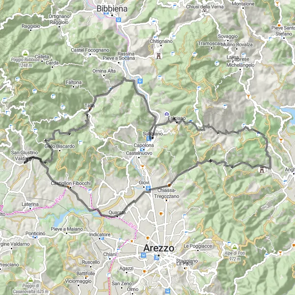 Miniatura della mappa di ispirazione al ciclismo "Viaggio tra le colline toscane in bicicletta" nella regione di Toscana, Italy. Generata da Tarmacs.app, pianificatore di rotte ciclistiche