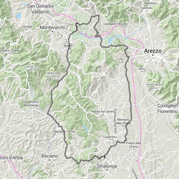 Miniatua del mapa de inspiración ciclista "Ruta de ciclismo en carretera desde San Giustino Valdarno" en Toscana, Italy. Generado por Tarmacs.app planificador de rutas ciclistas