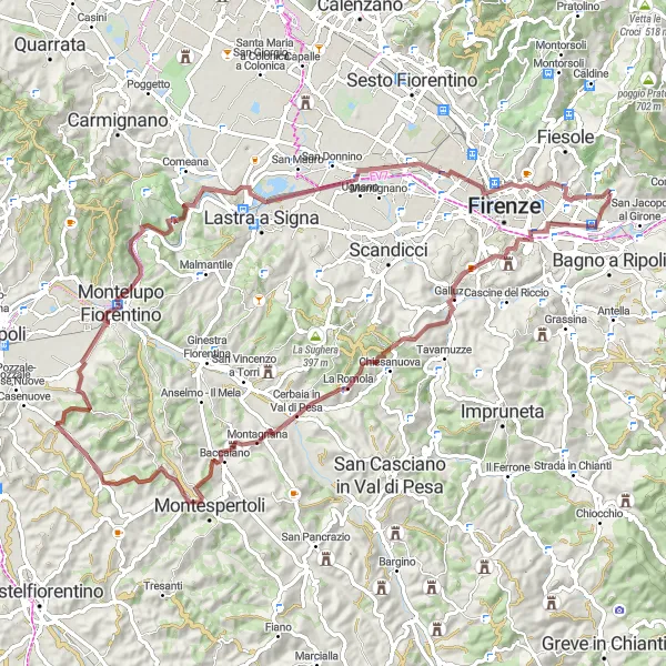 Zemljevid v pomanjšavi "Potovalna avantura med Michelangelovim trgom" kolesarske inspiracije v Toscana, Italy. Generirano z načrtovalcem kolesarskih poti Tarmacs.app
